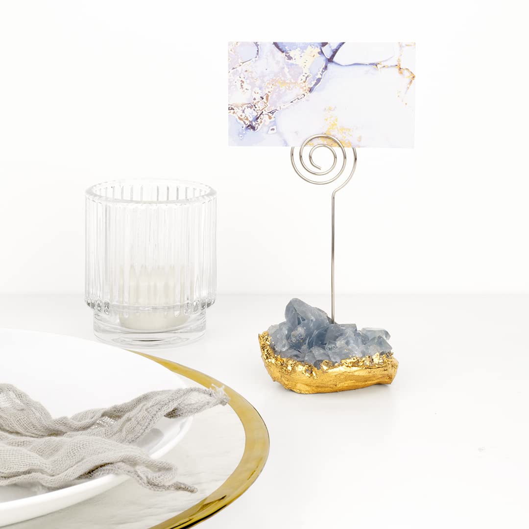 Koyal Wholesale Crystal Stone Place Card Holders for Names, Photos, Table Numbers for Modern Vintage Antique Farmhouse Wedding, Brunch, Events and Home Table Settings (12, Light Blue Celesite)