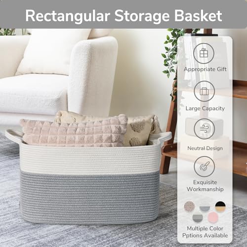 Goodpick Large Toy Storage Basket, Grey Cotton Rope Baskets Toy Storage Bin for Baby, Kids, Woven Storage Basket with Handle for Laundry, Living Room, Nursery, Bedroom, 21.6" x 14.9" x 11.8"
