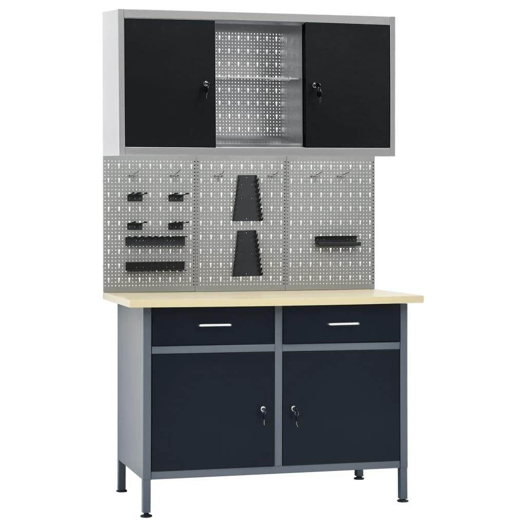 Banco da lavoro 120 cm con 3 pannelli da parete e 1 armadio Laboratorio tavolo da lavoro, grigio nero 02_0003661