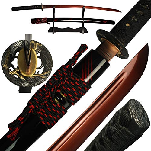 DTYES Japanese Samurai Katana Sword Real Swords for Men Samurai Sword (1095 High Carbon Steel Red Baked Finish Blade-Dragon Tsuba Samurai Sword)