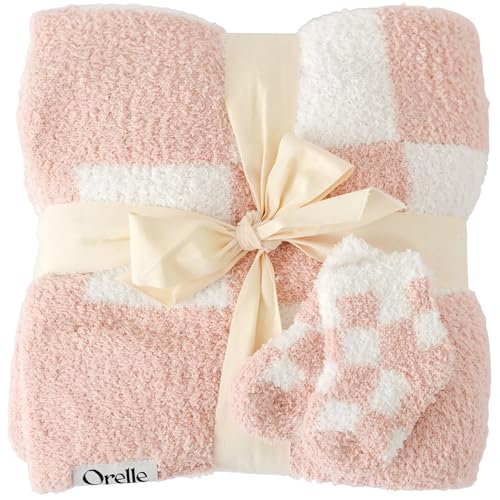 Image of Orelle Checkered Baby Blanket & Matching Socks Set | Plush Baby Blanket | Luxury Ultra-Soft & Cozy Receiving Blanket | Newborn Gift & Registry Must-Have | 30x40” | Pink