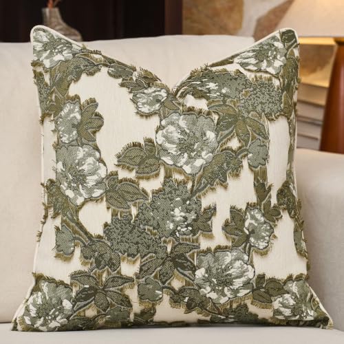 Gluviroz Vintage Floral Throw Pillow Cover 18x18 Inches Olive Green Farmhouse Fringe Pillow Cover French Country Cushion Cover Neutral Cottage Pillowcase Home Decor for Couch Sofa Bedroom Living Room