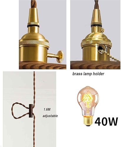 Miniatura 4 de Apliques de pared creativo colgante de madera retro con enchufe de lámpara de latón, lámpara de montaje colgante rústica ajustable para cocina, isla