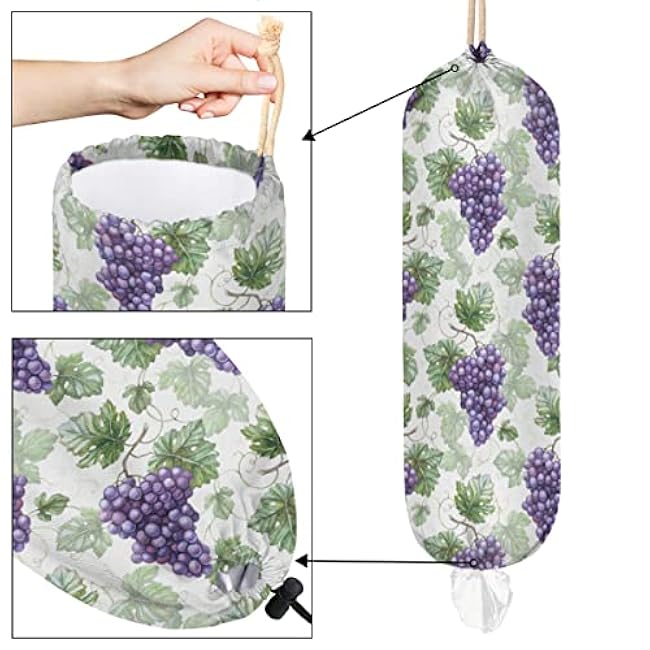 Grape Plastic Bag Holder Grocery Bag Holder with Adjustment Drawstring Reusable Wall Mount Trash Bag Organizer Dispenser for Kitchen Home Travel,22 x 9 in