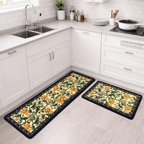 Image of Luxe Home Kitchen Mat Combo Floral Design Standing Desk Floor Mat Non Slip Kitchen Rugs, Comfort Runner Floor for Home Office, Sink & Laundry - Yellow (116x36 & 58x36 cm PC-2)