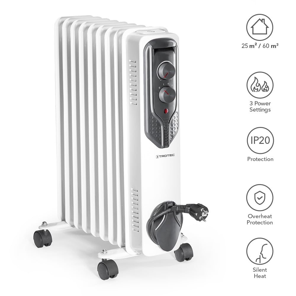 TROTEC Radiador de aceite TRH 20 E Adecuado para habitaciones de hasta 25 m² Potencia de calentamiento (nivel 1/2/3): 800 W / 1,200 W / 2,000 W | Radiador eléctrico, 9 costillas, tamaño de la habitación 25 m²/60 m³