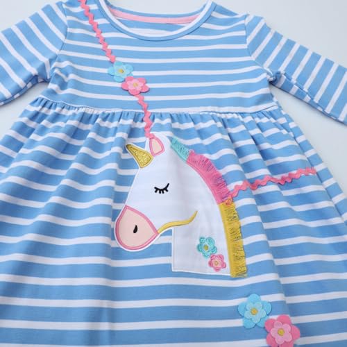 Image of Girls Cotton Long Sleeve Casual Cartoon Appliques Striped Jersey Dresses