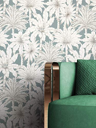 NEWROOM Tapete Grün Vliestapete Dschungel - Dschungeltapete Tropisch Grau Creme Palmen Bäume Palmentapete Floral Mustertapete - Grün