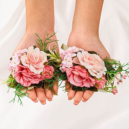 Campsis Wedding Bridal Wrist Flower Corsage Pink Handmade Leave Hand Flower Bride Bridesmaid Ribbon Wristlet for Prom Party Beach Photography 2PCS - Thumbnail 4