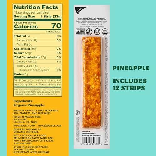 SOLELY - Organic Pineapple Fruit Jerky - 12 Individually Wrapped Strips - Fruit Leather Made from Dried Fruit - Healthy Snacks for Adults & Kids - Non GMO, Vegan Snacks - 0.8oz (23g)