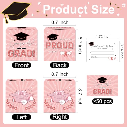 Image of Graduation Card Box Graduation Decorations 2026 Grad Card Box for Gift Graduation Party Favors Decor Party Supplies (Pink, 50 Cards)