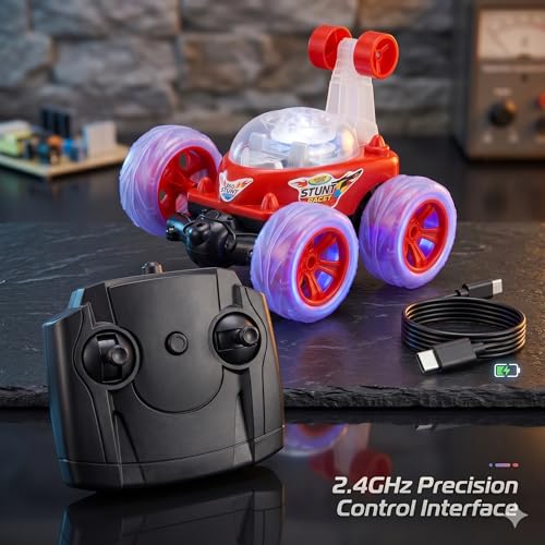Image of Remote Control Rechargeable Battery Stunt Car 360 Rotating Rolling RC Car with Lights & Music, 2AA Battery Remote (Not Included), Electric Race Car Toy for Kids Boys Girls Indoor Outdoor (Red)