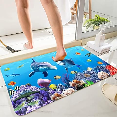 LYFANS Kitchen and Bathroom Bathtub Use Absorbent Non-Slip Floor Mats, Modern Art Blue Dolphin 3D Carpet (24x16 Inches), and The Bedside Living Room Uses Bright Flannel Memory Sponge Floor Mats. Cover