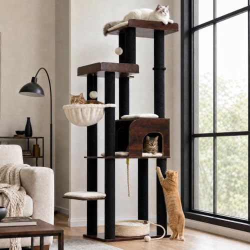 PAWZ Road 68.5" Modern Cat Tree, Tall Walnut Wood Tower for Large Cats