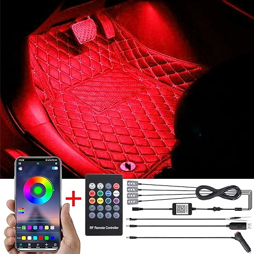 TABEN Auto-Fußraumbeleuchtungs-Kits, 64 Farben Mehrfarbiges Atmosphärenlicht Musik Sync Rhythm Sound Aktive Speicherfunktion Drahtlose Fernbedienung und Bluetooth APP Steuerung DC 12V-24V