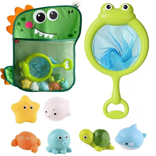 8 Pièces Jouet de Bain Bébé, Moxiewell Jeux de Bain avec Filet de Pêche et Sacs de Rangement, Animaux Jouets Flottants, Jouet de Piscine, Filet Jouet Bain...