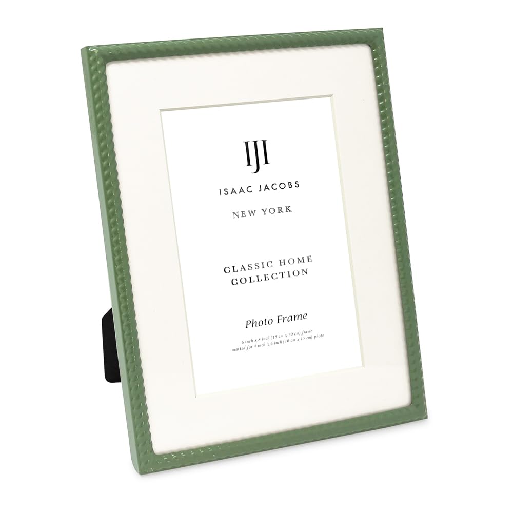 Isaac Jacobs 6x8 (Matted 4x6) Green Metal Rope Border Picture Frame, Horizontal & Vertical for Tabletop and Wall Display, Home Decor, Metal Frame (6x8 (Matted 4x6), Green)