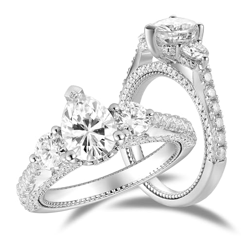 DovEggs Moissaniote Rings for Women 3ct Total Center 5mm-6x8mm-5mm GHI Pear & Round Cut 3 Stone Vintage/Antique Moissanite Engagement Ring 14k Gold QUALITY Silver with Accents Band Width 2.5mm