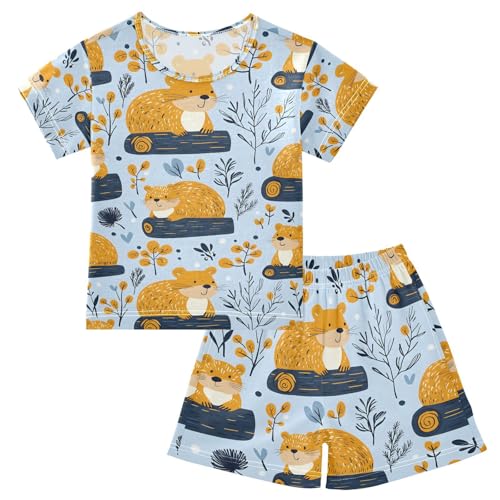 ALAZA Beaver Leaf Dot Blue Pajamas Set Short Sleeve Cotton Sleepwear Summer Pjs 2 Piece 5-14Y