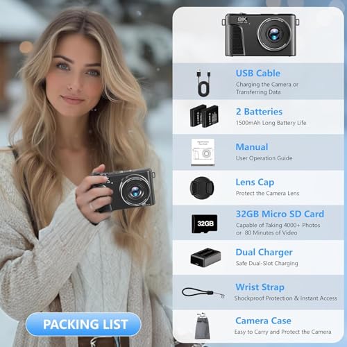 Image of 8K Digital Camera, 88MP Vlogging Camera for YouTube /Photography with 3 inch 180 Flip Screen, Fill Light, WiFi, Filters, Beauty Features Includes 32GB SD Card & 2 Batteries (CAM19)