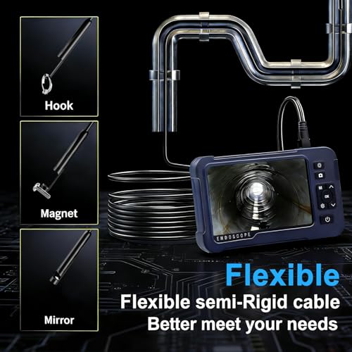 Image of Endoscope Camera with Light 1920P HD Dual-Lens Borescope with 8 LED Lights, IP67 Waterproof Snake Sewer Tools 4.3 inch Inspection Camera,16.4ft Semi-Rigid Drain Endoscope (16.4FT Dual Lens-Blue)