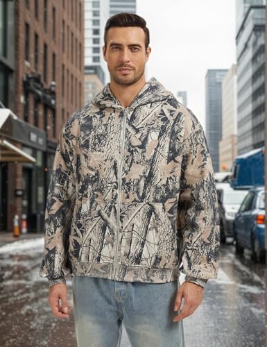 Camo Zip up Hoodie Men Full-Zip Fleece Hoodies Oversized Hooded Sweatshirts Maple Leaf Print Long Sleeve Sweatshirt