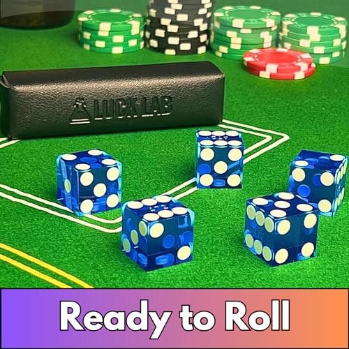 Luck Lab Grade AAA 19mm Casino Dice with Razor Edges and Matching Serial Numbers Set of 5 and Leather Dice Case, Blue