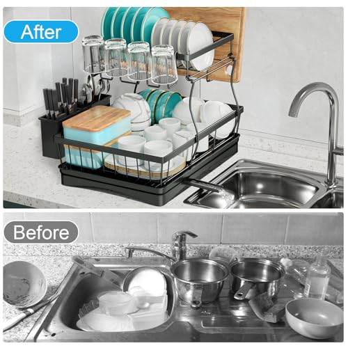 Image of 7 code Large Dish Drying Rack for Kitchen Counter, Detachable Large Capacity Dish Drainer Organizer, 2-Tier Dish Racks with Utensil Holder, Black