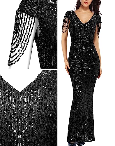 Image of Women 1920s Plus Size Formal Dress Tassels Sleeve Sequins Gatsby Maxi Evening Gown