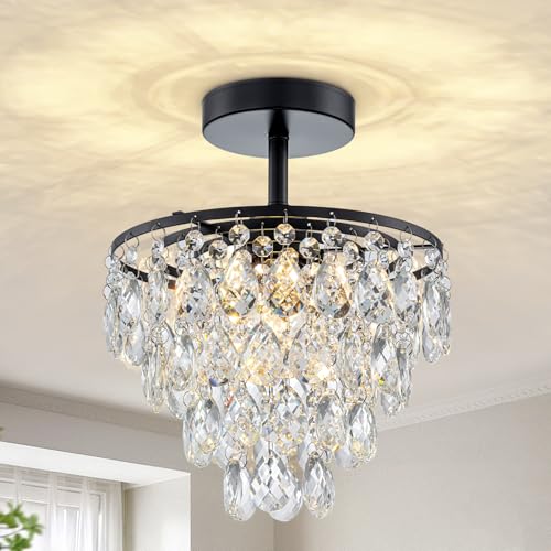 CXGLEAMING Black Chandelier Flush Mount Light Fixture Modern Crystal Chandelier Bathroom Ceiling Lights for Bedroom Kitchen Laundry Room Hallway Closet