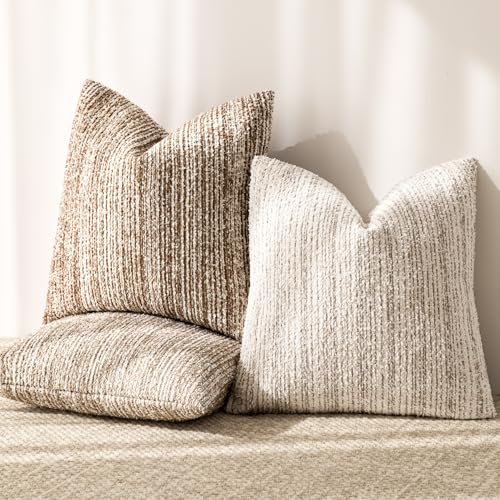 Image of Foindtower Set of 2 Faux Fur Textured Modern Throw Decorative Pillow Covers Square Accent Striped Cushion Sherpa Boho Farmhouse Pillowcase for Couch Sofa Living Room Home Decor 18x18 Inch,Tan Khaki