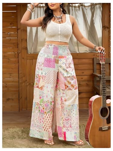 Women's Plus Size Patchwork Floral Paisley Boho Pants Smocked Colorblock High Waisted Wide Leg Trousers4