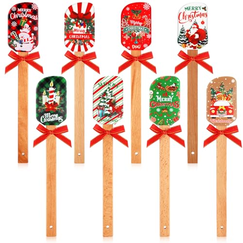 Layhit 8 espátulas de silicone de Natal para assar conjunto de espátulas de borracha com cabo de madeira, utensílios de cozinha de Natal a granel para decoração de bolo para presentes de Natal
