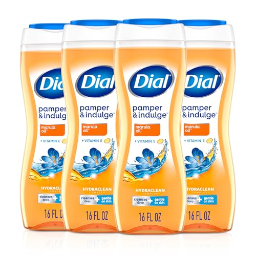 Image of Dial Body Wash, Hydraclean Complex & Vitamin E, Gentle, Leaves Skin Feeling Nourished, Dermatologist-Tested, No Parabens & Sulfates, Pamper & Indulge, Marula Oil, 16 Fl Oz (Pack of 4)