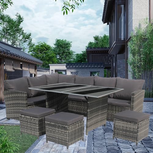 GadgetHaven 10 Seater All-Weather PE Rattan Garden Furniture Set with Retractable Chairs, UV Resistant & Removable Cushions for Patio, Garden, or Conservatory (Mixed Grey+Dark Cushions)