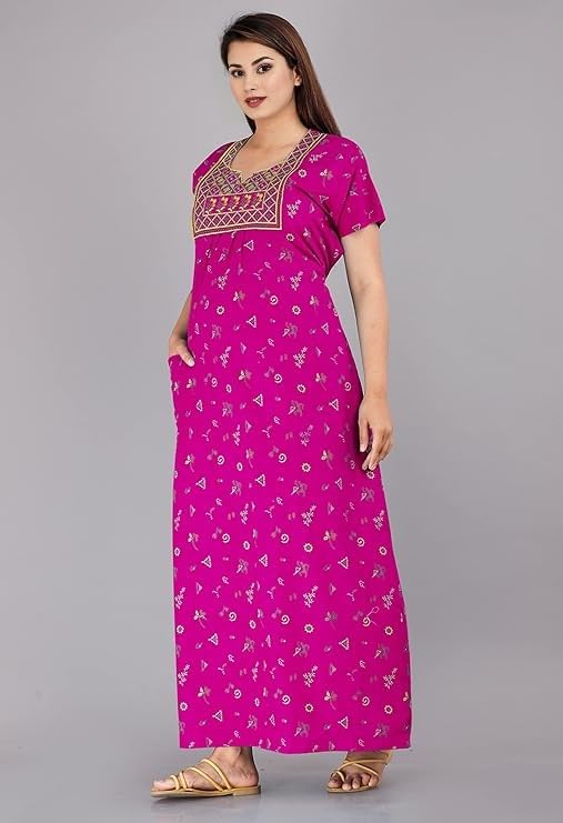 Image of OFEEFAN Women's Cotton Embroidered Jaipuri Nighty Gown - Pack of 2 Rajasthani Print Maxi Night Dress with Pocket - Soft & Comfortable Ladies Sleepwear & Loungewear