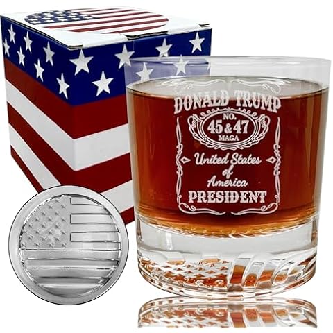 Donald Trump Whiskey Glass - 12oz Engraved 45-47 MAGA Trump Glassware with American Flag Bottom - Conservative Gift, Inauguration Day Gift for Trump Supporters, Trump For Presidency (Trump Design 3) Cover