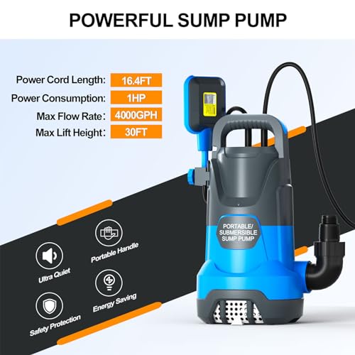 Image of Submersible Water Automatic Sump Pump 1HP Clean /Dirty Water Removal Pump 3500PGH With Float Switch Electric Portable Transfer Water Pump for Swimming Pool Garden Pond Basement Draining