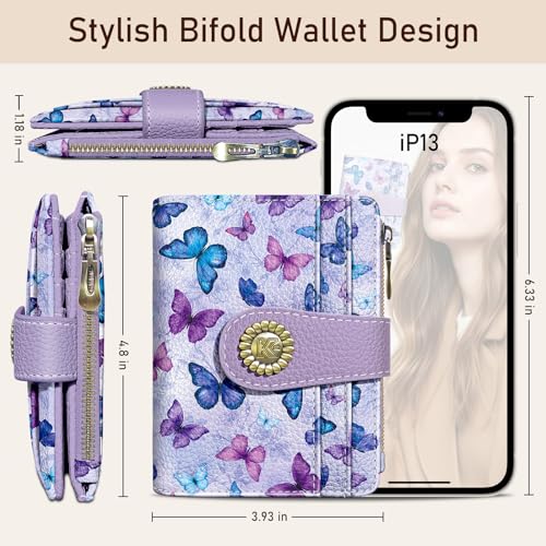 Image of Kelvoris Small Rfid Butterfly Women Wallet Bifold Zipper Coin Pocket | PU Leather Compact Cash Credit Card Holder Travel Purse for Female Ladies Teen Girls 1 ID Window 10 Card Slots