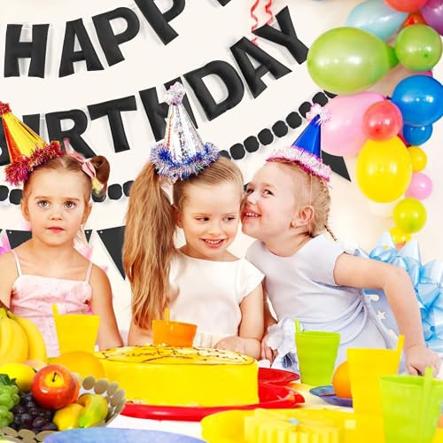 Image of CANREVEL Pre-Strung 3D Rainbow Happy Birthday Banner, 3 PCS Happy Birthday Felt Sign, Pom Pom Garland, Triangle Fabric Bunting, Colorful Reusable Birthday Decorations for Women Men Girls Boys, Black