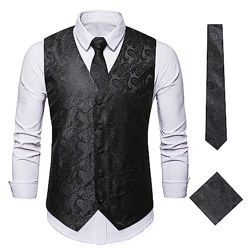3PC Men's Vest Tie Set Paisley Floral Jacquard Necktie Pocket Square Waistcoat Formal Tuxedo Blazer for Wedding Party2