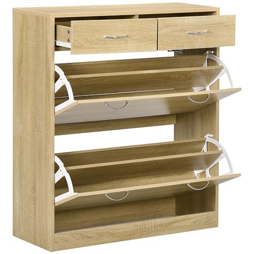 HOMCOM Armario de Zapatos Zapatero de Madera para 12 Pares de Zapatos con 2 Puertas Abatibles y 2 Cajones para Salón Pasillo 80x30x91,5 cm Roble