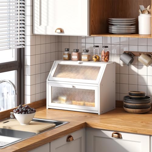 Bread Box for Kitchen Countertop Bin Double Layer Bread Box Storage Container Extra Large Capacity Farmhouse with Diamond Pattern Windows (White, Large)