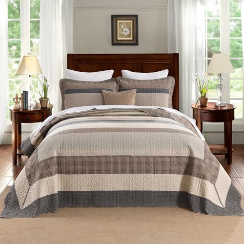 Image of EWlinens Oversized King Bedspread Set 120 inchx120 inch - 100% Cotton Extra Large Quilts King Size, Farmhouse Patchwork Striped Plaid Bedspreads with 2 Pillow Shams, All Season, Dark Brown /Beige /Gray