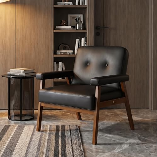 Image of STHOUYN Upholstered Accent Chair, Black Leather Chair with Wood Frame (1) | STHOUYN, Tufted Backrest, Reading, Mid-Century Modern, Comfy, Living Room, Waiting Room