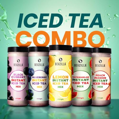 Image of Bevzilla Black Currant,Blueberry,Lemon,Watermelon & Peach Passion Instant Ice Tea Powder Combo - 400g Each Jar | Refreshing Summer Iced Tea Drink | Instant & Easy to Make (Pack of 3)