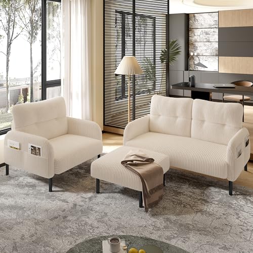 WEALTHOUSE Modulares Cord Sofa Set aus Zweisitzer,Sessel und Hocker mit ergonomischer Rückenlehne,Seitentasche und stabilem Metall‑Holz‑Gestell – für Wohnzimmer & kleine Apartments (Beige,3er-Set) – Bild 3