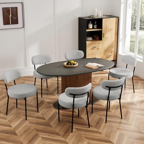 Sweetcrispy Dining Chairs Set of 2, Boucle Upholstered Modern Mid Century Round Kitchen Chairs with Curved Backrest & Metal Legs for Vanity, Living Room - Classic Grey