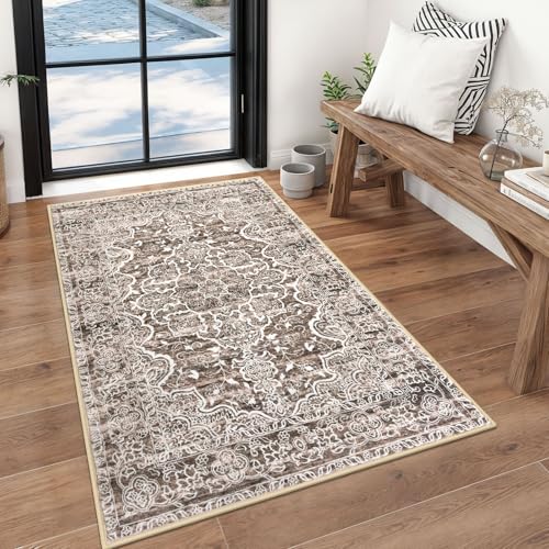 KUTA Vintage Floral Rug 3x5 Area Rugs for Living Room Brown Washable Kitchen Carpet Non-Slip, Ultra Soft Printed Distressed Tribal Entry Low-Pile Throw for Bedroom Home Décor
