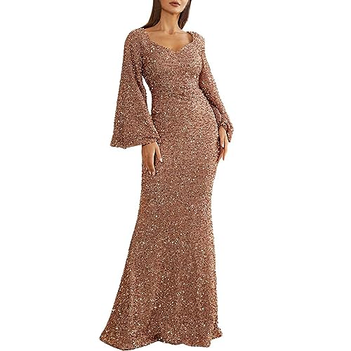 Paillettenkleid Damen Lang, Brautjungfernkleider Damen Langarm Abendkleid Glitzer Cocktailkleid Elegant für Hochzeit Einfarbig V-Ausschnitt Bodycon...
